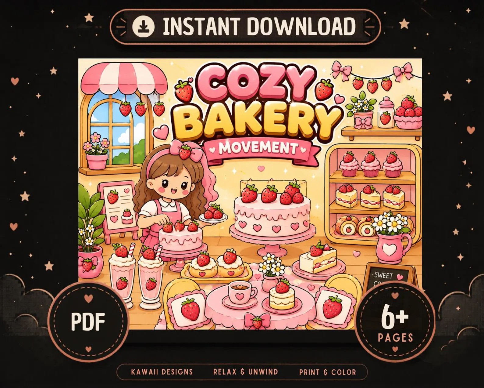 CuteLearner printable Cozy Bakery Coloring Book, Kawaii Dessert Pages, Relaxing Activity (PDF Download) — Coloring Books, Alphabet Worksheets